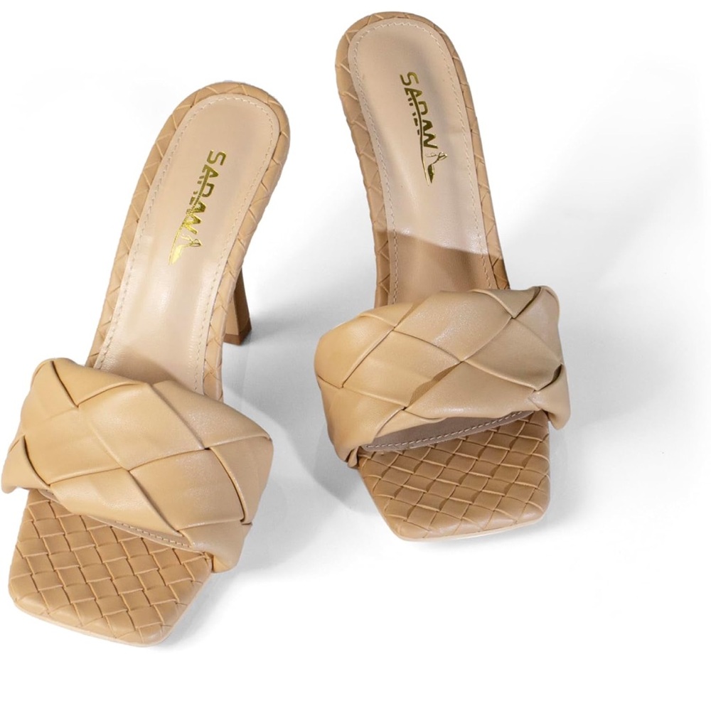 Braided Heeled Sandals High Heel Slides Open Square Toe Stilettos